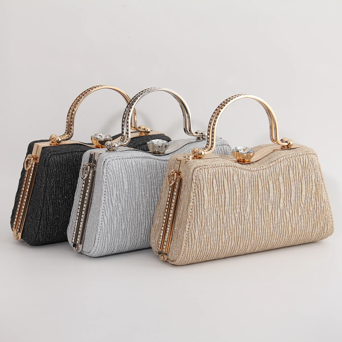 Elegant Pleated Glitter Handbag,Rhinestone Clasp Ladies Evening Bag,Fashion Chain Shoulder Bag,Metal Rim Clutch Bag