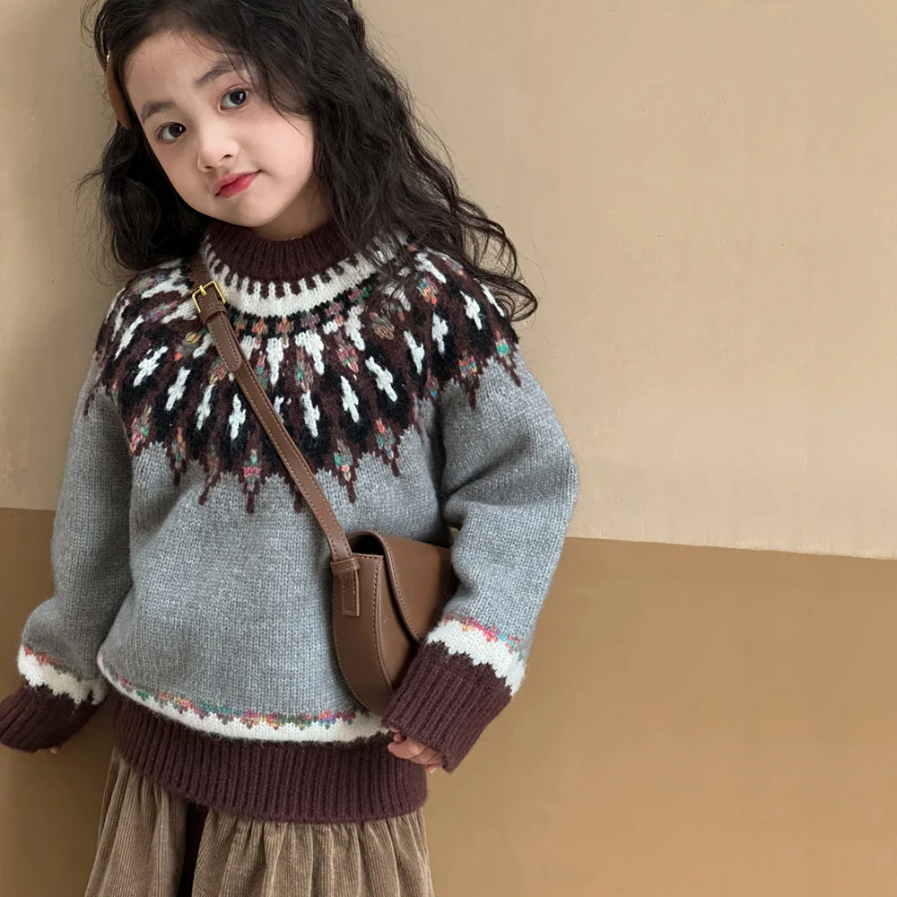 Girls Sweater 2024 Spring New Children's Wool Blended Twist Pullover Top Red New Year's Clothes Fashion Casual