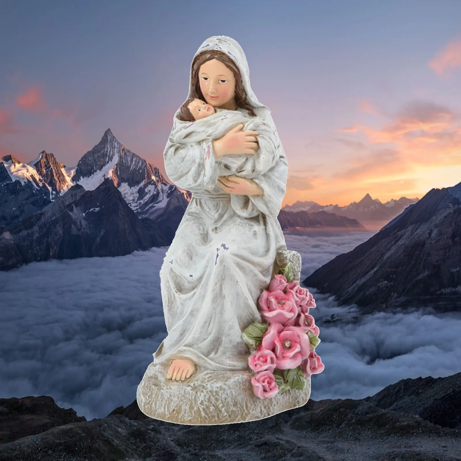 Outdoor Light Virgin Mary Holding Baby Figurine Fairy Garden Decoration Lamp Jesus Statue for Flower Bed Lawn Balcony Bedroom