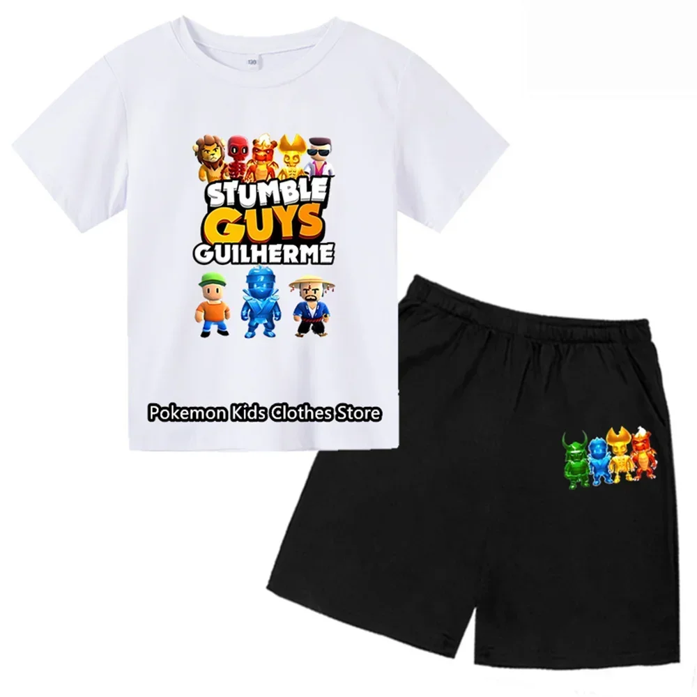 Hot Game Stumble Guys Tshirt Set Kids Cute Stitch Clothes Sonic Funny Girls T-shirts Cartoon Baby Boys Pokemon Children Shorts