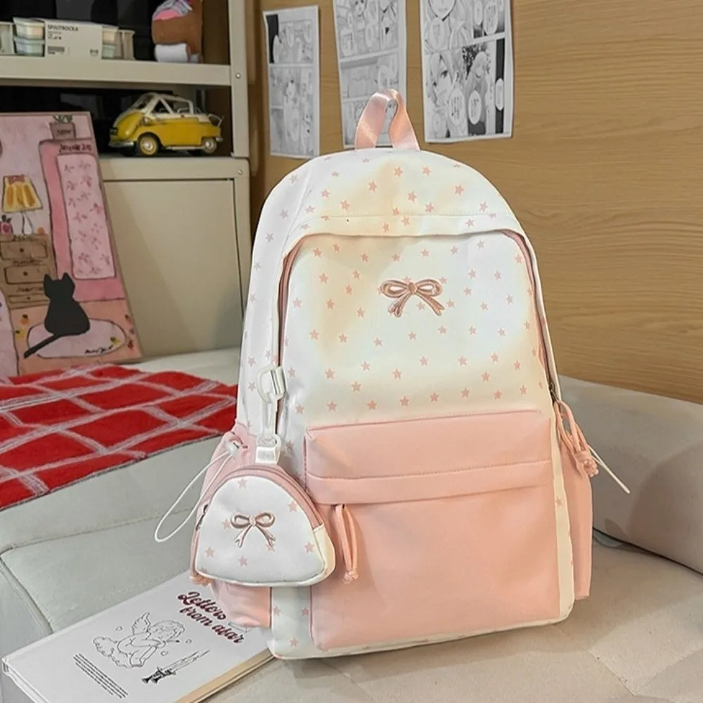 Large Capacity Bowknot Backpack with Wallet Multifunctional Star Polka Dot Backpack Black Lightweight Student Schoolbag Outdoor
