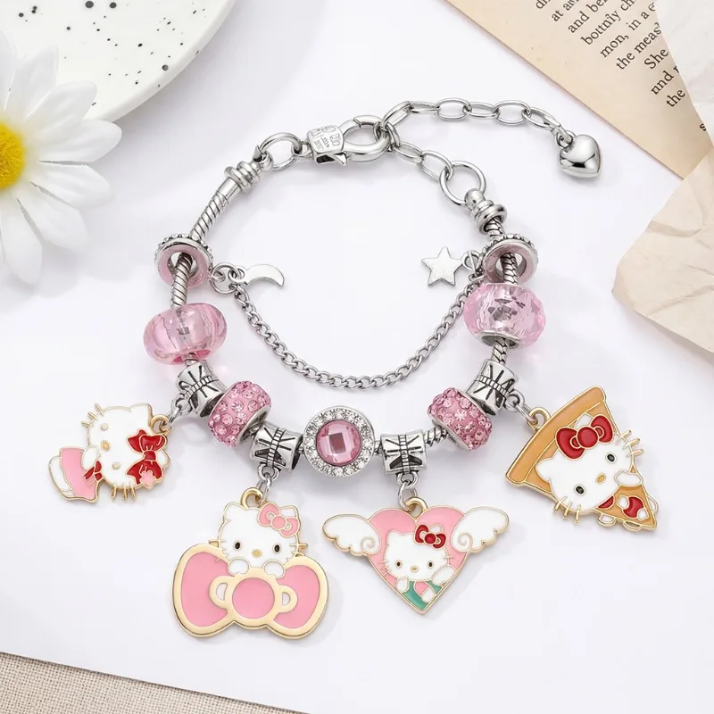 Kawaii New Sanrios Hello Kitty Bracelet Pink Rhinestone Charms Beaded Anime Adjustable Wire Bangle Ornament Fashion Jewelry
