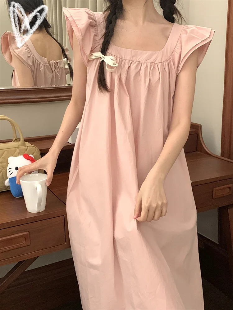 

New Solid Simple Sweet Princess Strapless Sling Summer NightDress Women Loose Cotton Elegant Casual Real images Sleepwear Ins