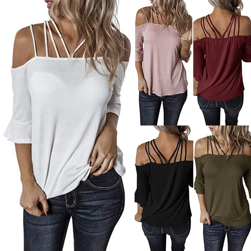 

Women's Autumn New Line Shoulder Belt Flare Sleeve T-shirt Women Fashion Sexy Casual All-match Top Female Shirts