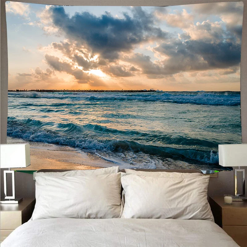 Blue Ocean Wave Tapestry Sunset Cloud Nature Art Wall Hanging Tapestries Wall Cloth Mat Background Blanket Bohemian Home Decor