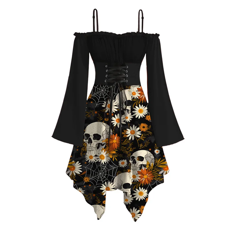 Women's Dress Gothic Dress Skulls Spider Web Daisy Floral Print Ruffle Cold Shoulder Lace Up Belt Bell Sleeve Handkerchief Dress