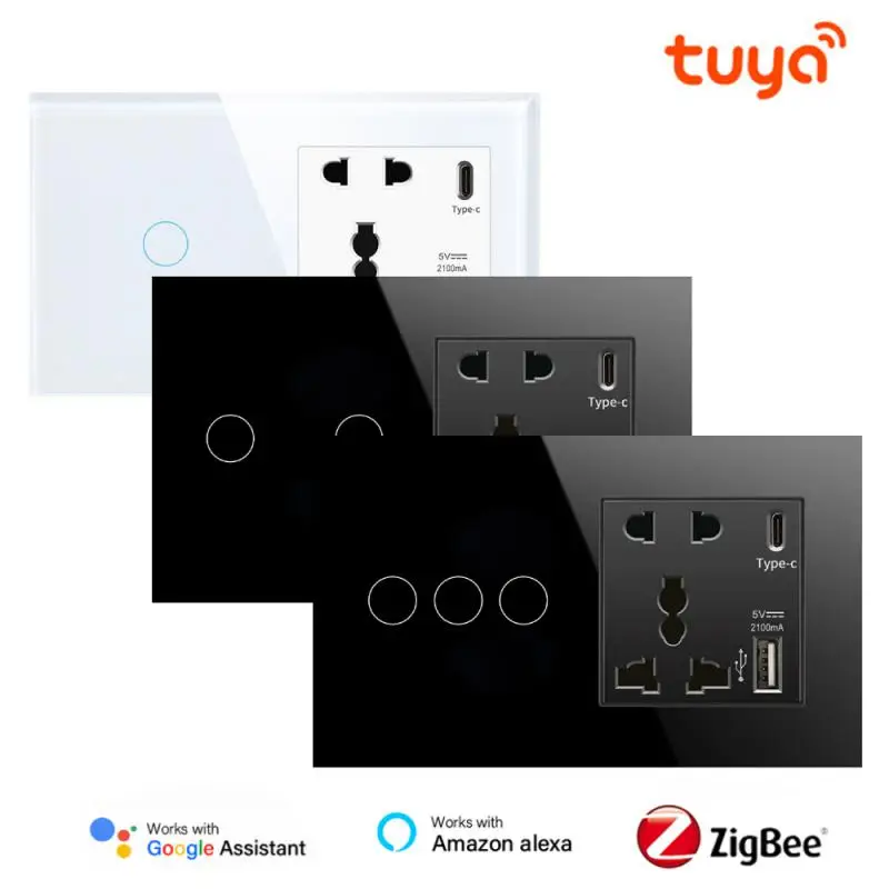 Tuya Zigbee Smart Switch Socket 147 Type 1/2/3/4Gang Touch Switch Panel With Type-C USB Control Via Alexa Google Home