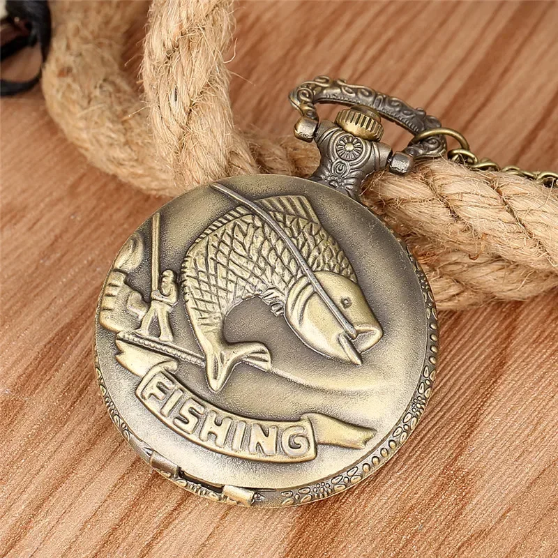 

Carved 3D Fish Pattern Men Women Fishing Quartz Analog Pocket Watch Sweater Necklace Chain Timepiece Arabic Number Clock Reloj