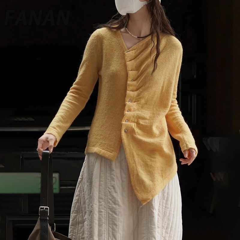 

FANAN Fashion Irregular Design Wool Slime Sweater For Women Solid V Neck Long Sleeve Office Lady Tops Female 2025 Autumn New