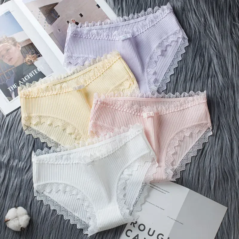 3PCS/Set Cotton Briefs Mid-Rise Underwear Sexy Ladies Lace Bowtie Panties Breathable Intimate Women Antibacterial Crotch Lingere