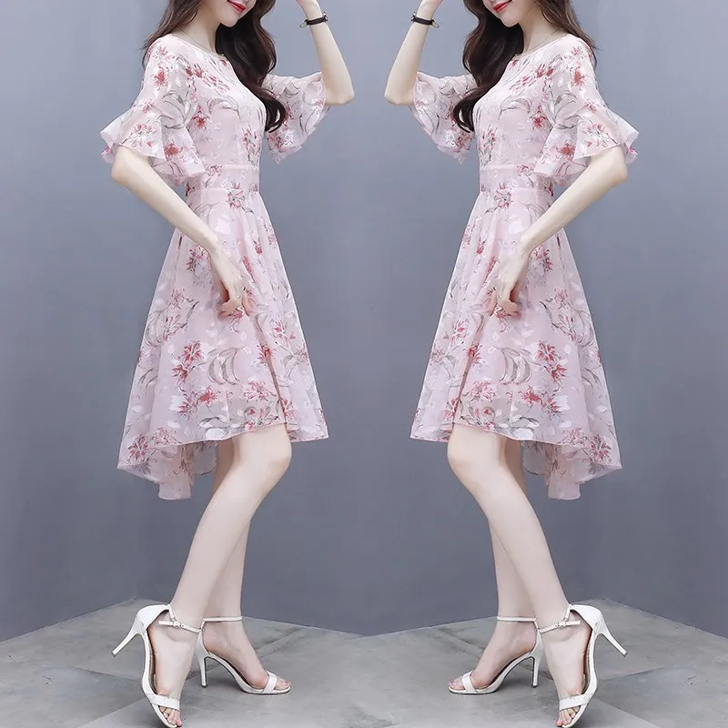 summer floral dresses for women 2024 new in Printed korean style clothes fashion elegant party midi Chiffon dress cheap casual