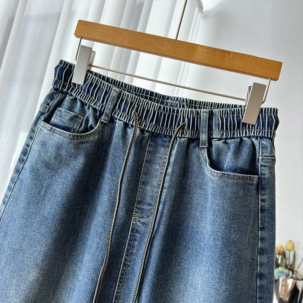 

Женская очень большая джинсовая юбка трапециевидной формы, эластичная облегающая юбка с разрезом спереди, осенняя модная юбка-джокер больших размеров