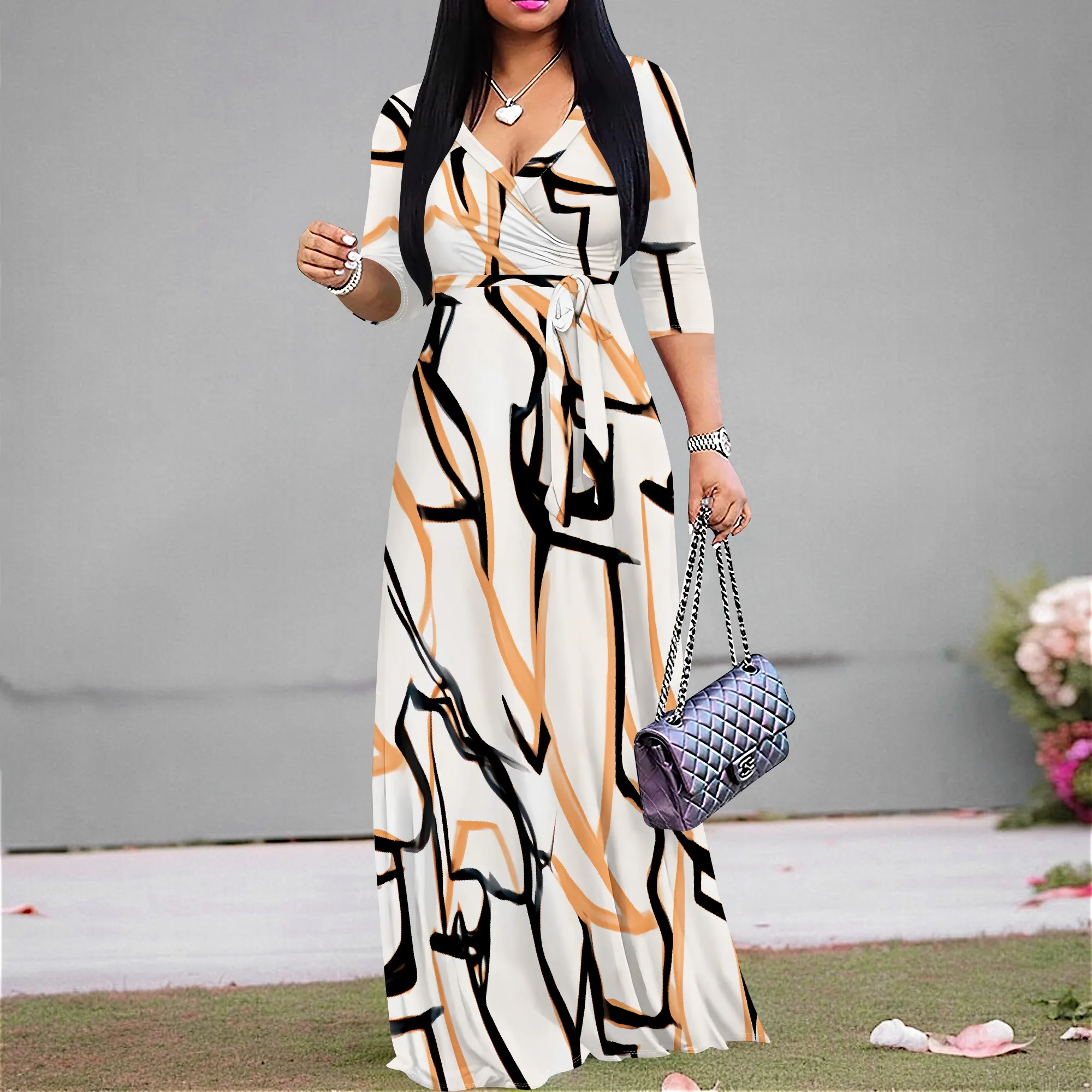 

Abstract Line Art Print Maxi Dress S‑3XL V‑Neck Belted Wrap Style for Urban Chic, Art Gallery or Office Look