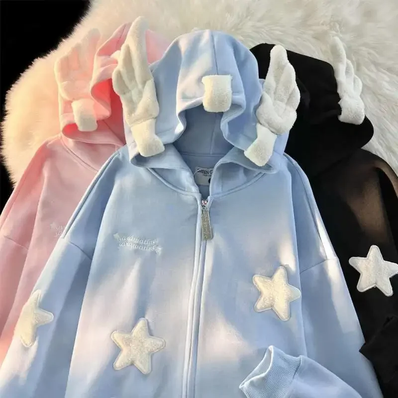 Y2K Harajuku Solid Color Star Patch Hooded Sweatshirt Korean Preppy Street Wear Men Women Autumn Loose Causal Cardigan Jacket