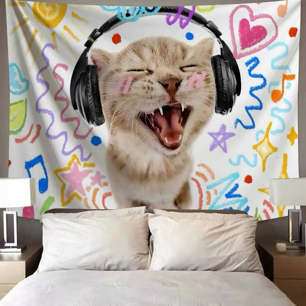 Funny Meme Cat Tapestry Wall Hanging Cute Kitten Headphone Street Ocean Scenery Pattern Wall Tapestry Aesthetic Room Wall Cloth