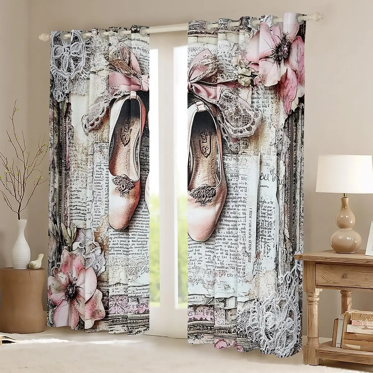 Vintage Romantic Floral Shabby Chic Print Curtains Literary Paper Style Shoe Lace Panel Window Treatment Aesthetic Bedroom Livin