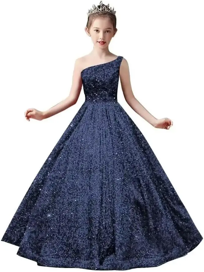 Abito da ragazza di fiore con paillettes Abito da spettacolo con paillettes monospalla per ragazze Abito da ballo formale da principessa scintillante per bambini
