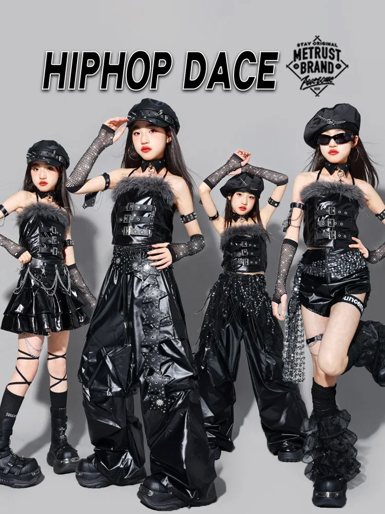 Hip Hop Girls Streetwear Costume Set Crop Top Cargo Pants K-pop Jazz Skirts Dance Shorts Children's Group Outfit