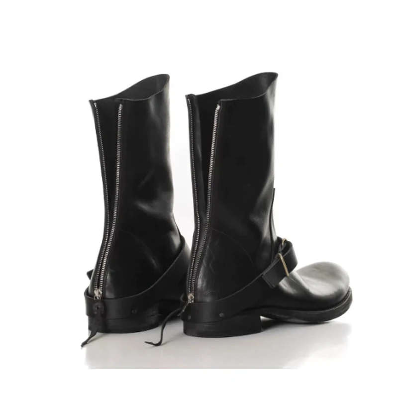 Men Black Back Zipper Strap Buckle Mid Calf Boots 2026 Low Block Heel Punk Gothic Riding Boots Streetwear Casual Leather Boots