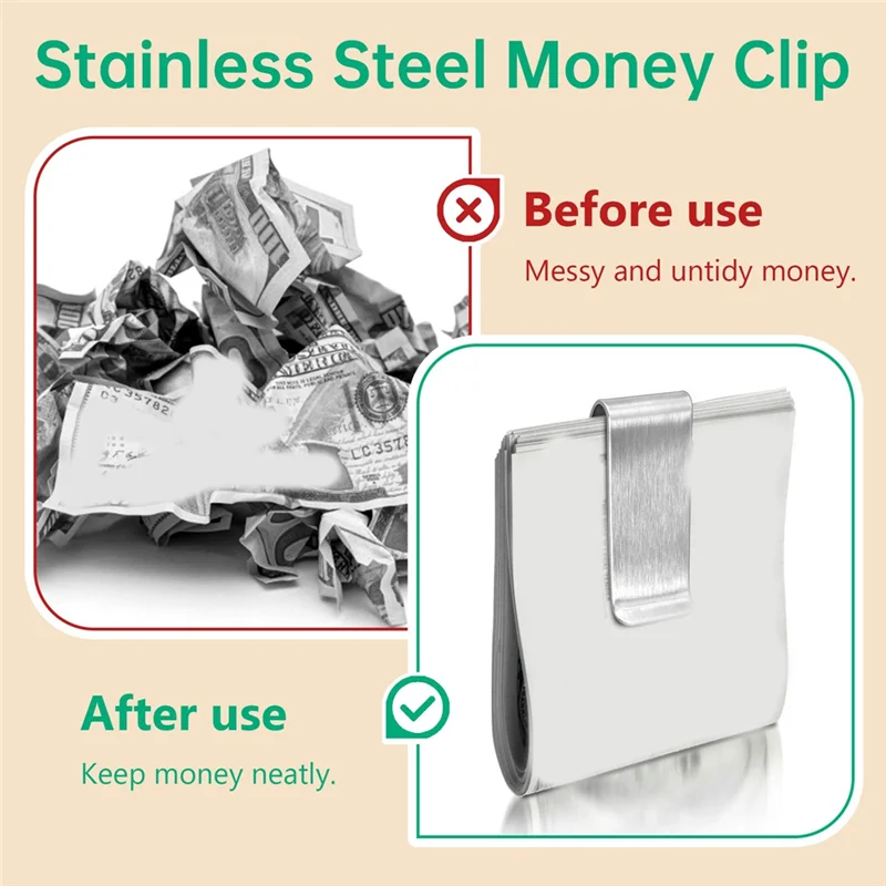 

NEW-Silver Slim Cash Holder For Men 20Pack Stainless Steel Money Clip Mens Money Clip