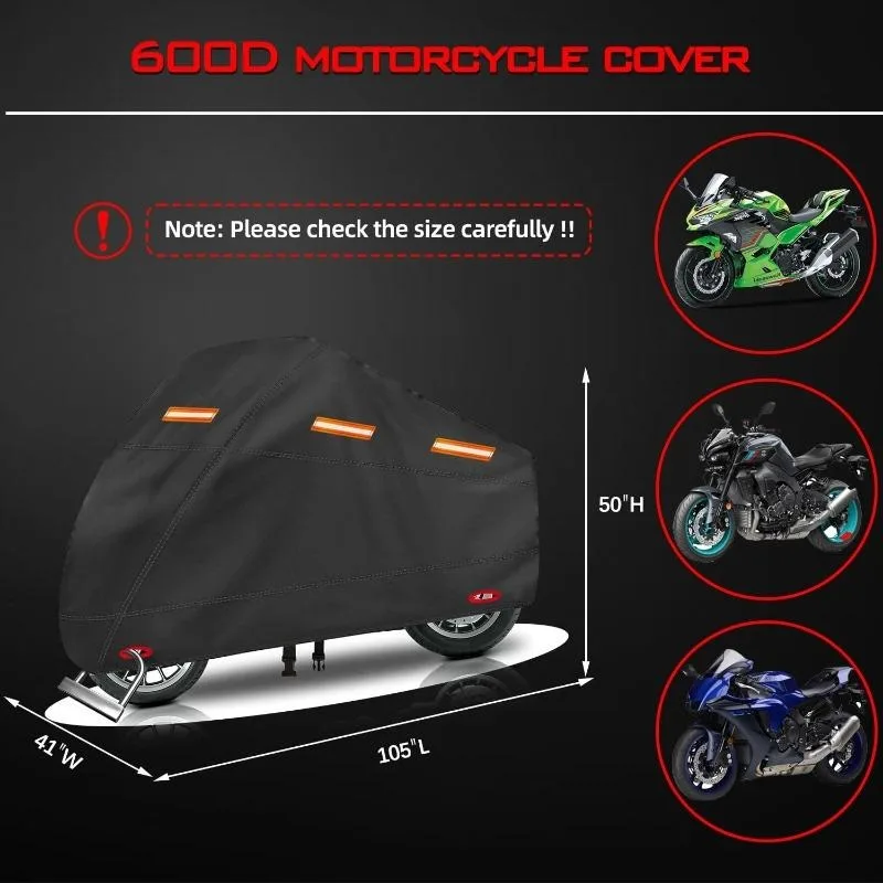 Motorcycle Cover, Heavy Duty 600D Oxford, Waterproof Outdoor, Weather Resistant, Rip-Proof