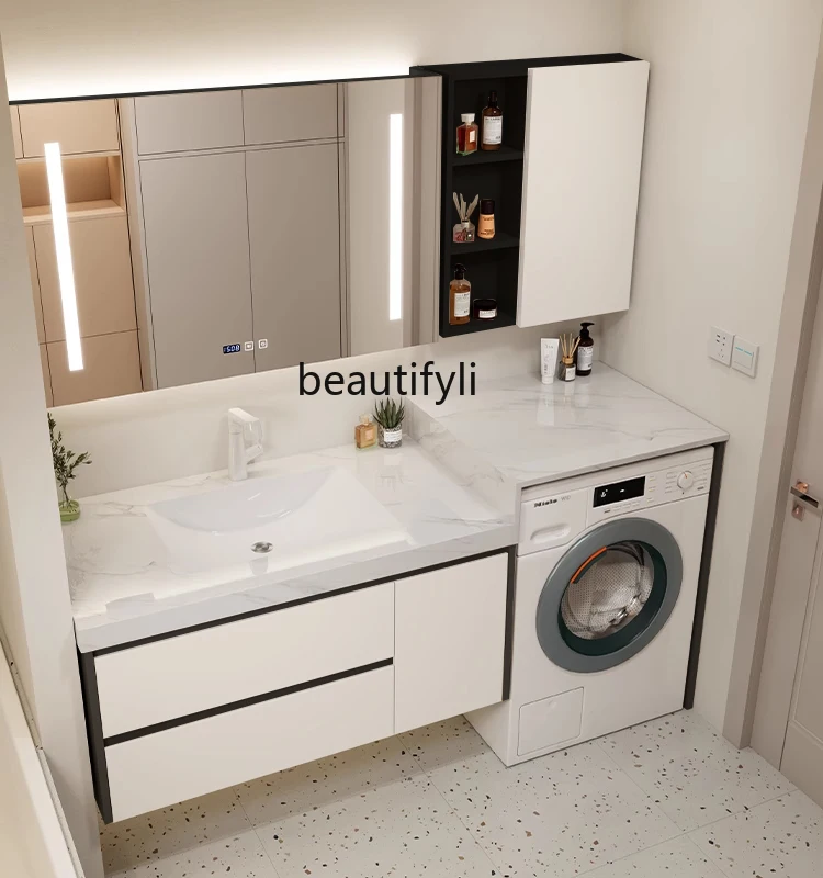 Stone Plate Seamless Whole Washbin Bathroom Cabinet Washing Machine Wash Basin All-in-One Cabinet Combination Black and White