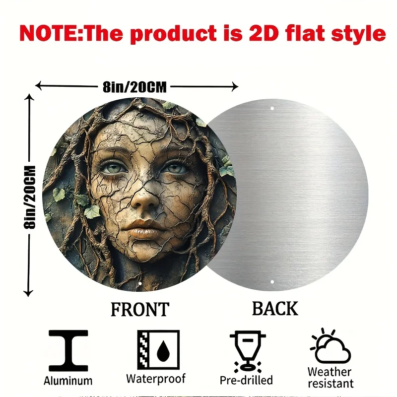 2D Flat Single Retro, with Female Facial Patterns on The Trees,Round Metal Sign, Garland, Wall Hanging Plaque, Home And Garden