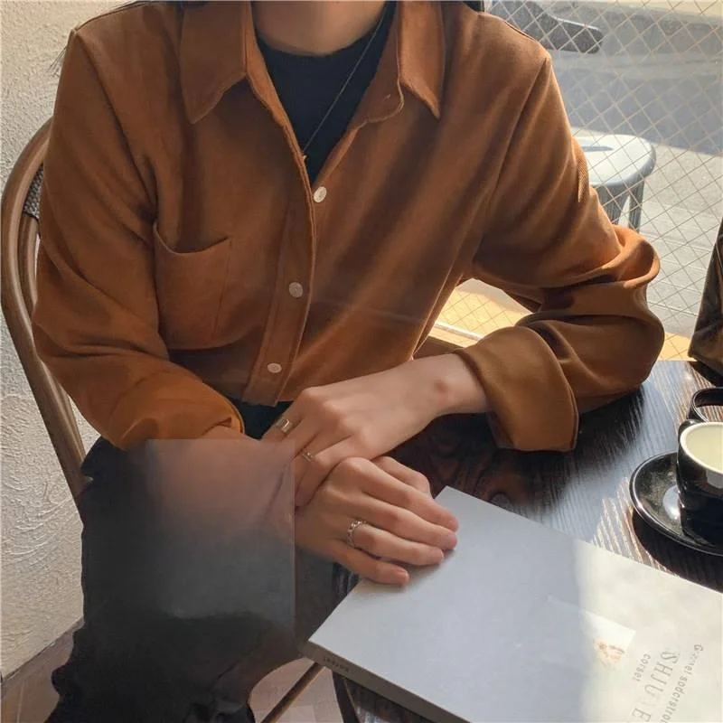 

Women's Thiened Brued irts Long Sve Flip Collar Polyester Fiber Autumn Winter Models a Pure Color Busin Casual Bl...