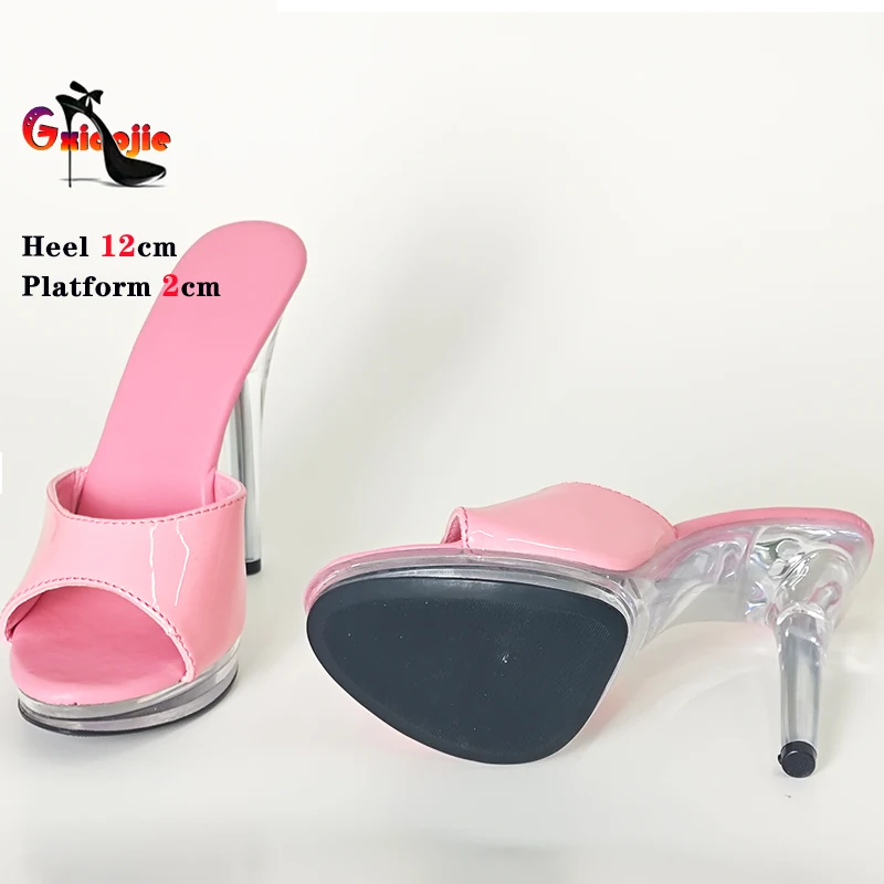 Pink Thin High Heels Slippers Women Summer Elegant Shoes Anti Slip Transparent Sandals 12CM Sexy Leather Slides Plus Size 43