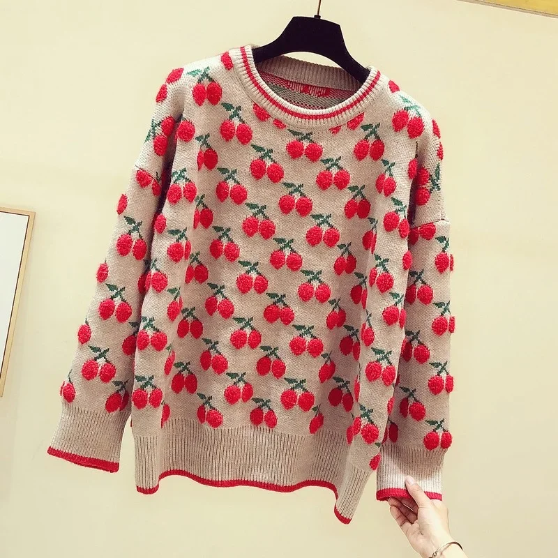 2024 Autumn and Winter New Retro Cherry Jacquard Round Neck Pullover Sweaters Women Loose Knitwear Long Sleeve Padded Sweater