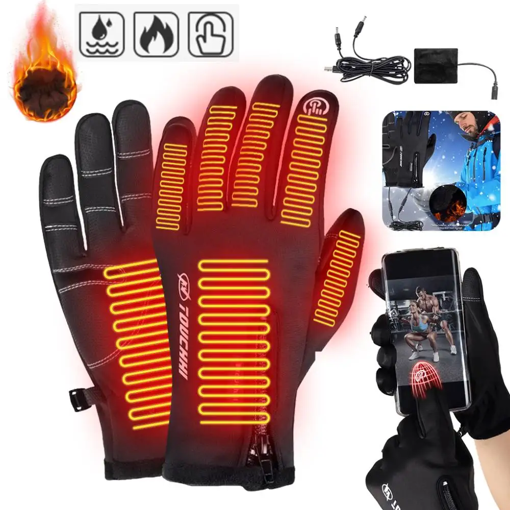 Electric Heated Gloves Man Windproof Winter Motorcycle Gloves Hand Warmer USB Rechargeable Touch Screen Cycling Gloves Outdoor