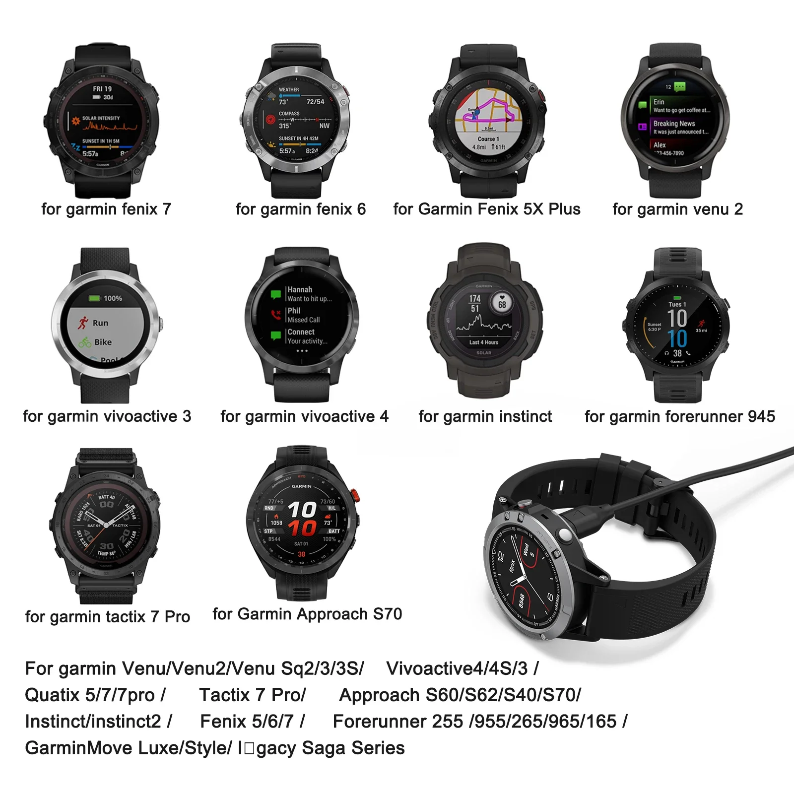 كابل شاحن ساعة من النوع C لـ Garmin Venu2/VenuSq2/3/3S Fenix 5/6/7/8 Vivoactive4/4S/3 سلك شحن لـ Forerunner 965/266