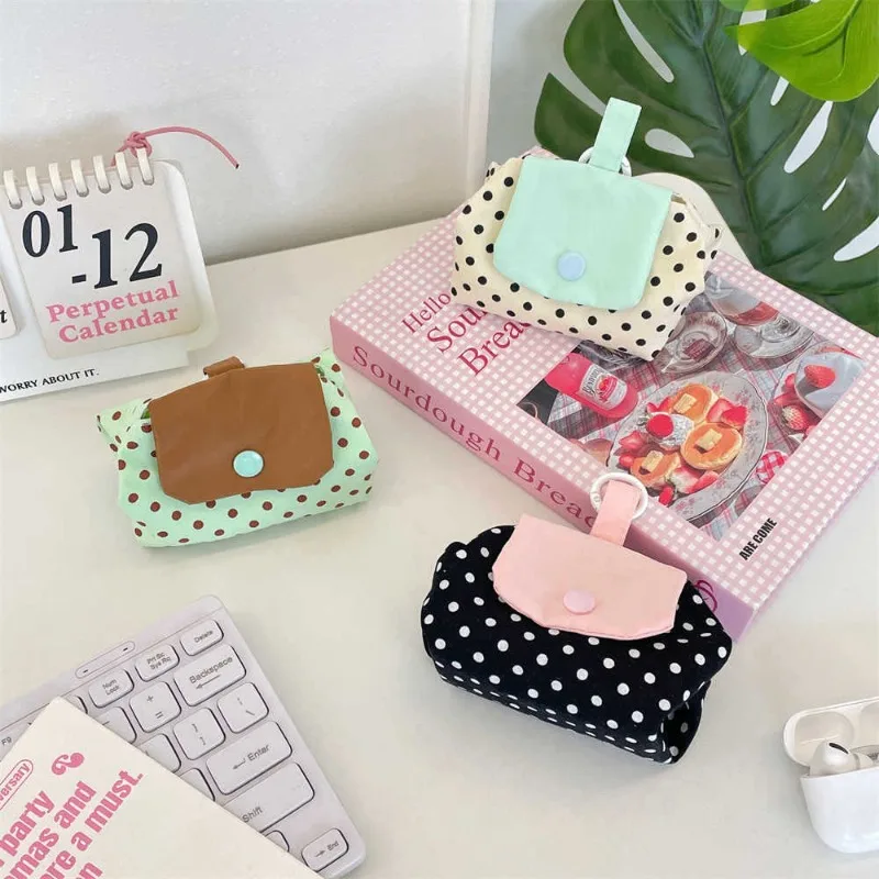 Korean Style Color Block Snap Storage Pouch Polka Dot Plaid Small Bag for Earphones Lipstick Large Capacity Portable Organizer