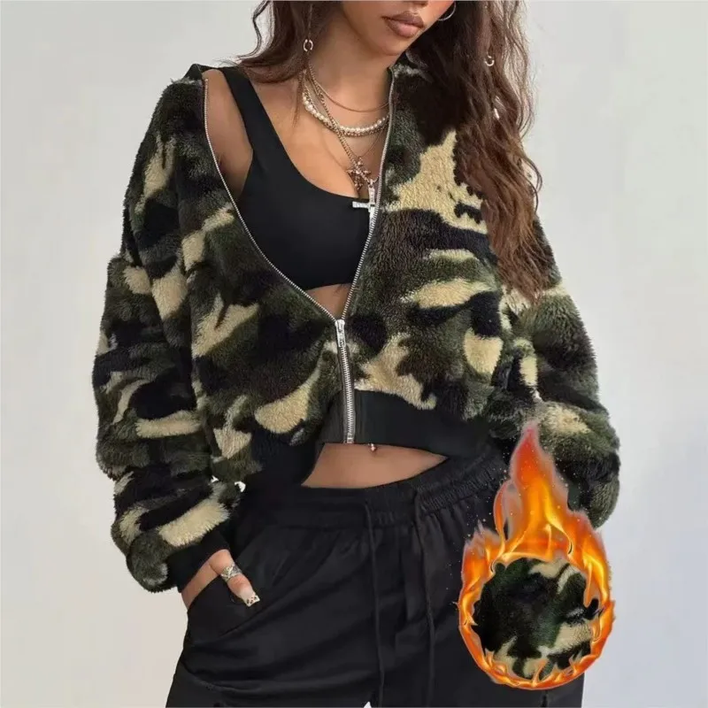 Women Camo Fuzzy Sherpa Cropped Jacket Zip Up Long Sleeve Stand Collar Loose Short Coat Y2K Streetwear Warm Outerwear