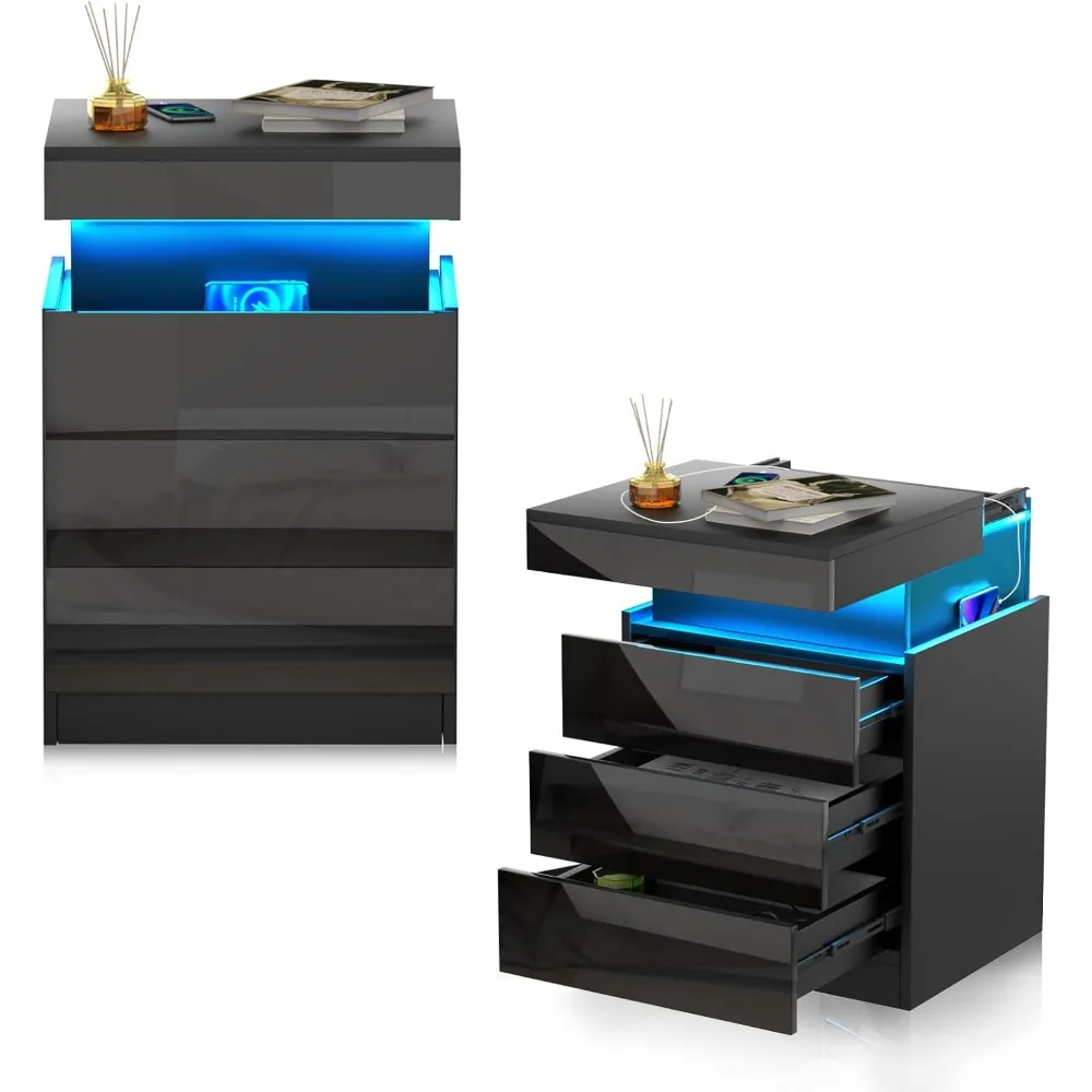 Juego de 2 Mesitas de Noche LED Negras، 3 كاجونز مع نظام دفع وسحب #1