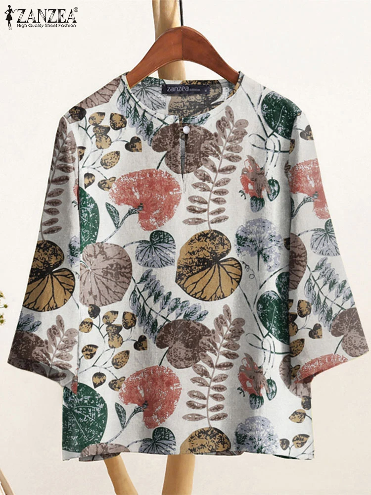 

Vintage Printed Shirts ZANZEA Women's 2025 Autumn Blouses Female Loose Cotton Tops Casual O Neck 3/4 Sleeve Work Blusas Oversize