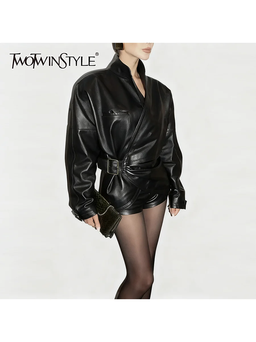 

TWOTWINSTYLE Fashion Spliced Belt Minimalist Leather Jackets for Women Stand Neck Long Sleeves Casual Jacket Female Clothing New