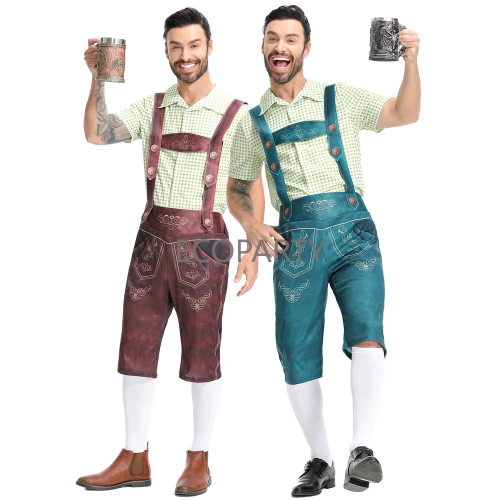 Two-Piece Set Oktoberfest Lederhosen Costume for Men Bavarian German Beer Festivals Suspenders Shirt Male Cosplay Costumes