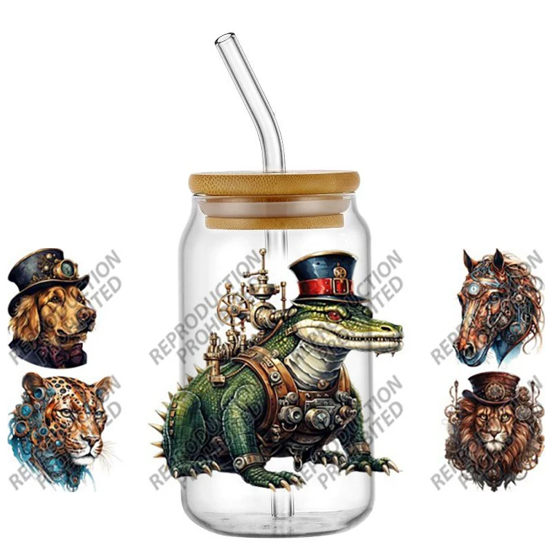 Steampunk Mechanical Animal UV DTF Cup Wrap Stickers Waterproof No Heat Transfer for 16oz Libbey Glass Can Vintage Tumbler Decal