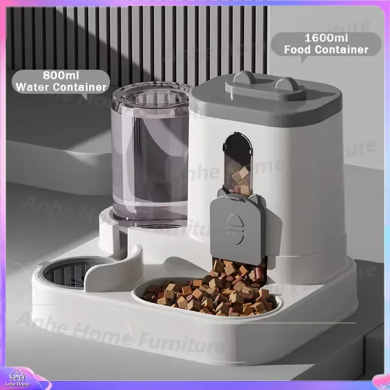 2 in 1 Automatic Pet Feeder and Water Dispenser 1.6L Food 0.8L Water Large Plastic Bowl Leak Proof Non Slip Durable Eco