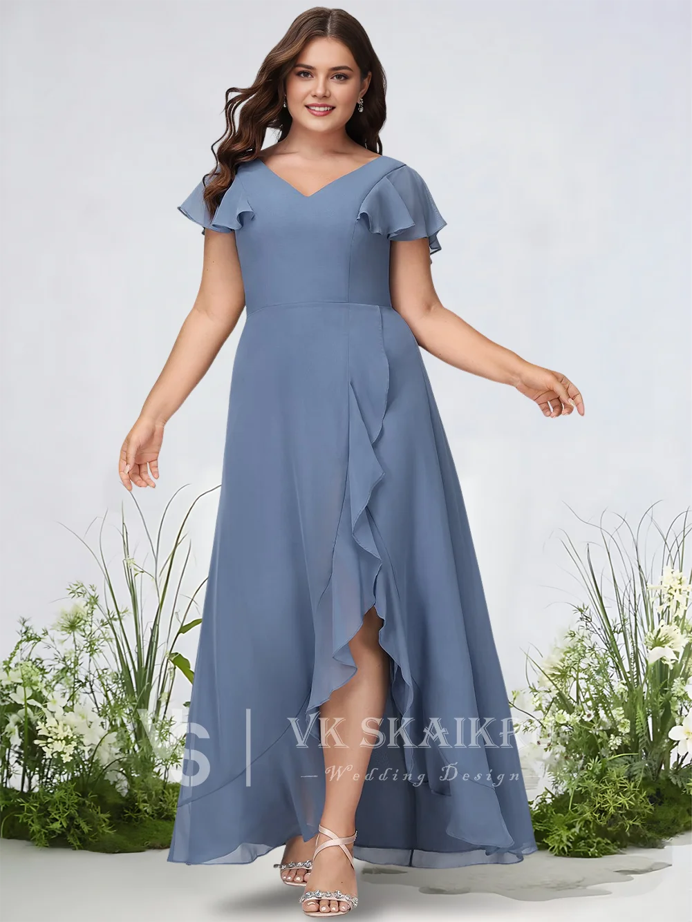 Abiti da damigella d'onore champagne di lusso con scollo a V asimmetrico in chiffon con volant abito da cerimonia nuziale per le donne elegante abito da sera 2025