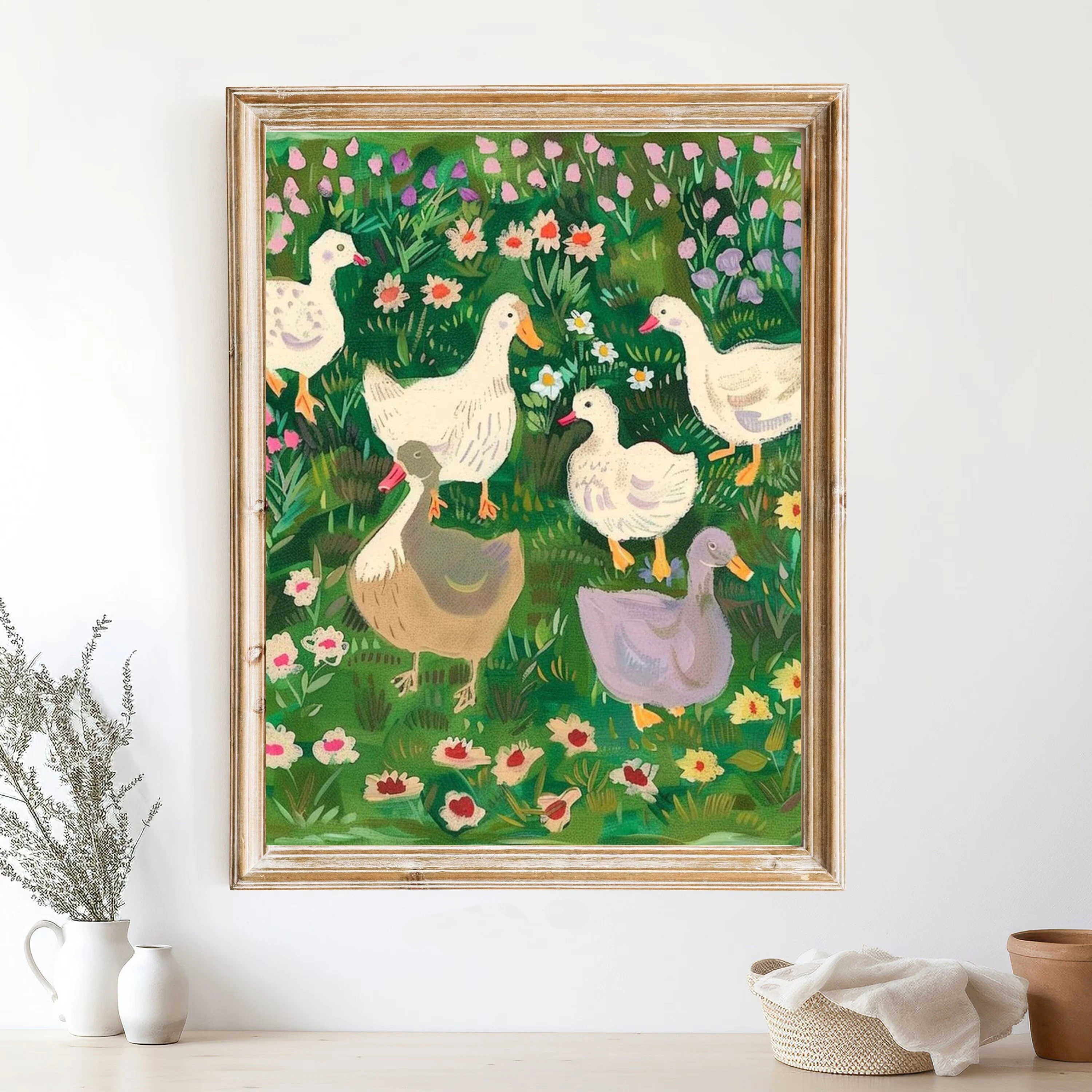 

Vintage duck print. Abstract vintage canvas poster. Pastoral style decoration for children's room or farmhouse wall decoration.