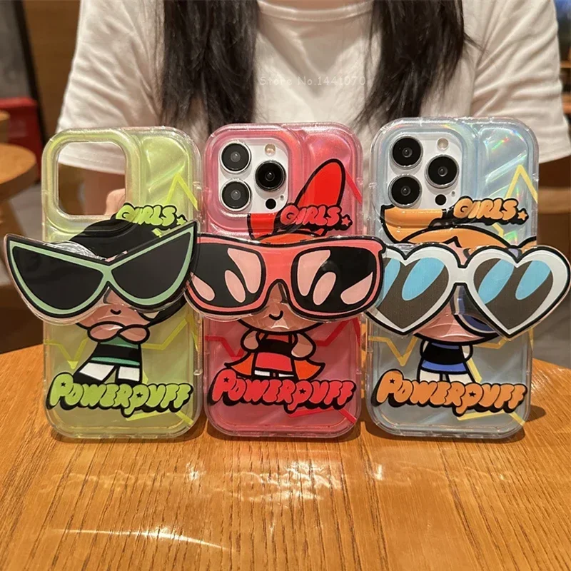 Anime Powerpuff Girls Case For iPhone 15 14 13 12 11 Pro Max X XR XS 6 6S 7 8 Plus SE 2020 Sunglasses Bracket TPU Phone Cover