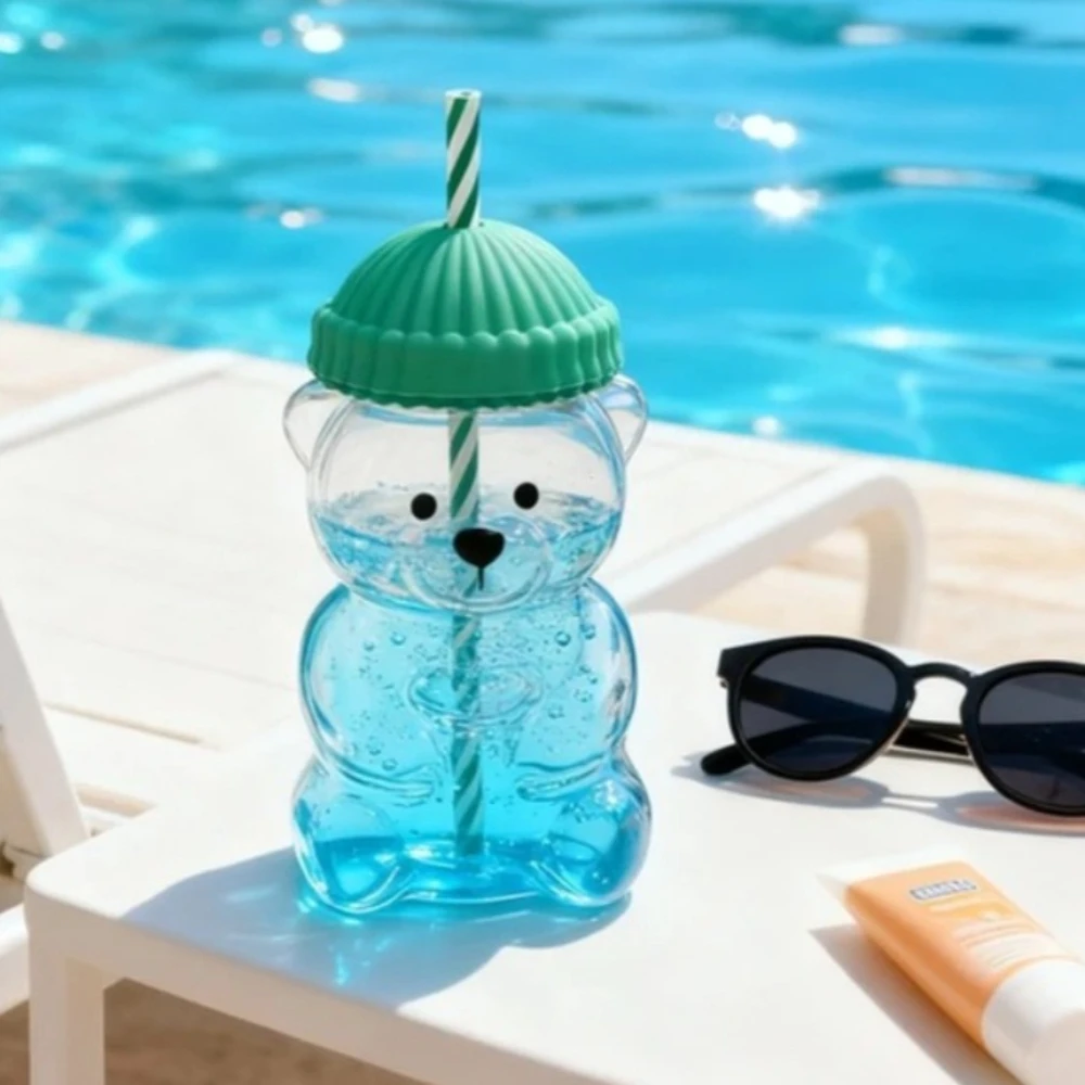 En stock, nuevo para Starbucks, taza de plástico o vidrio con forma de oso con pajita, taza de café, taza de jugo de vidrio creativa de dibujos animados, taza de té