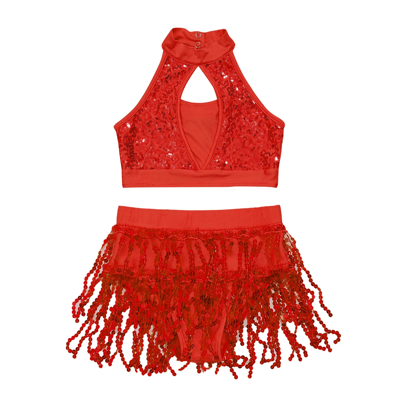 Kinder Mädchen Gymnastik Künstlerisches Skating Kostüm Pailletten Ballett Jazz Latin Samba Tanz Outfit Hohl Neckholder Crop Top Fransen Shorts