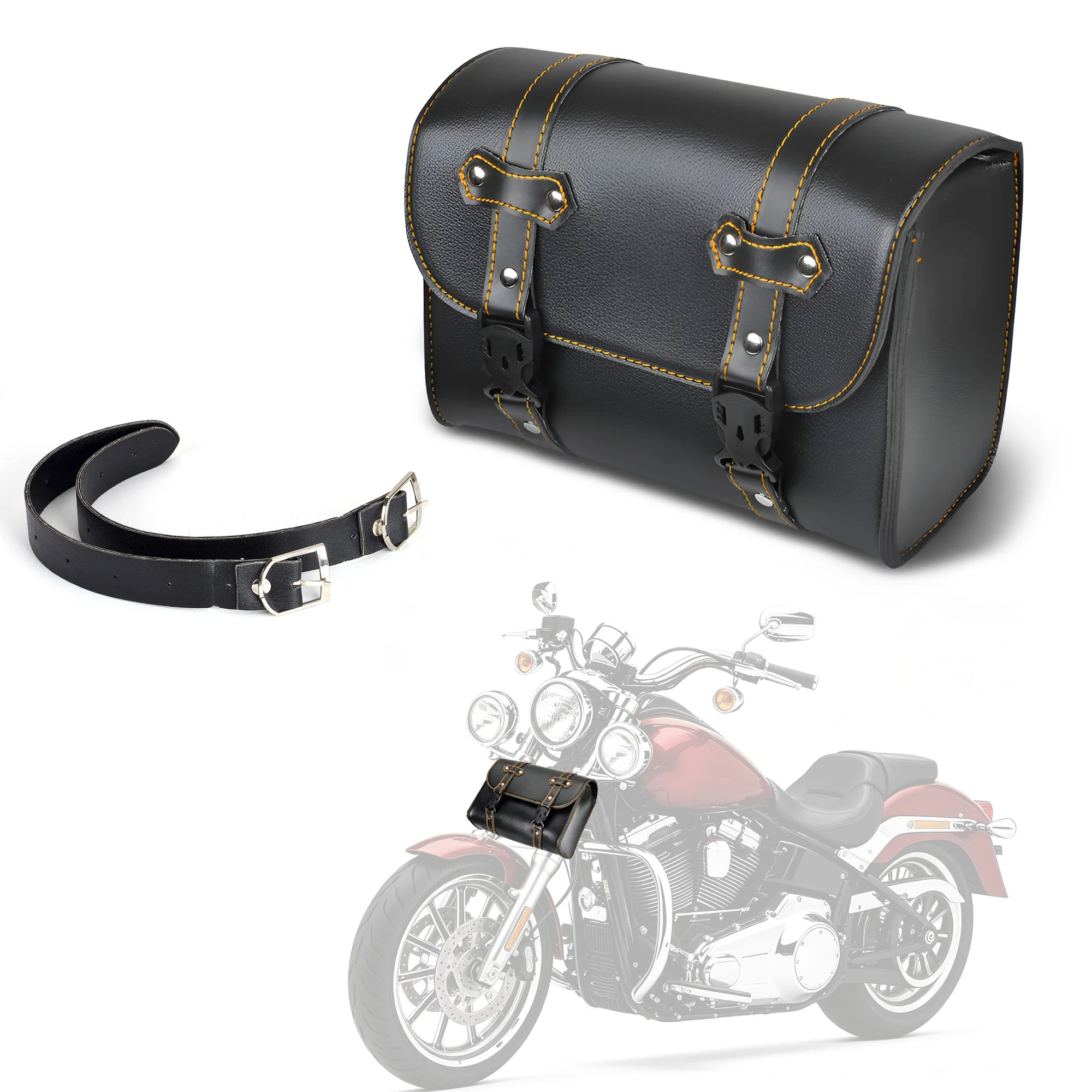 Motorcycle Fork Bag Handlebar Tool Pouch Sissy Bar Roll Bags 2 Extra Strength Straps PU Leather Organizers (Black-yellow Line