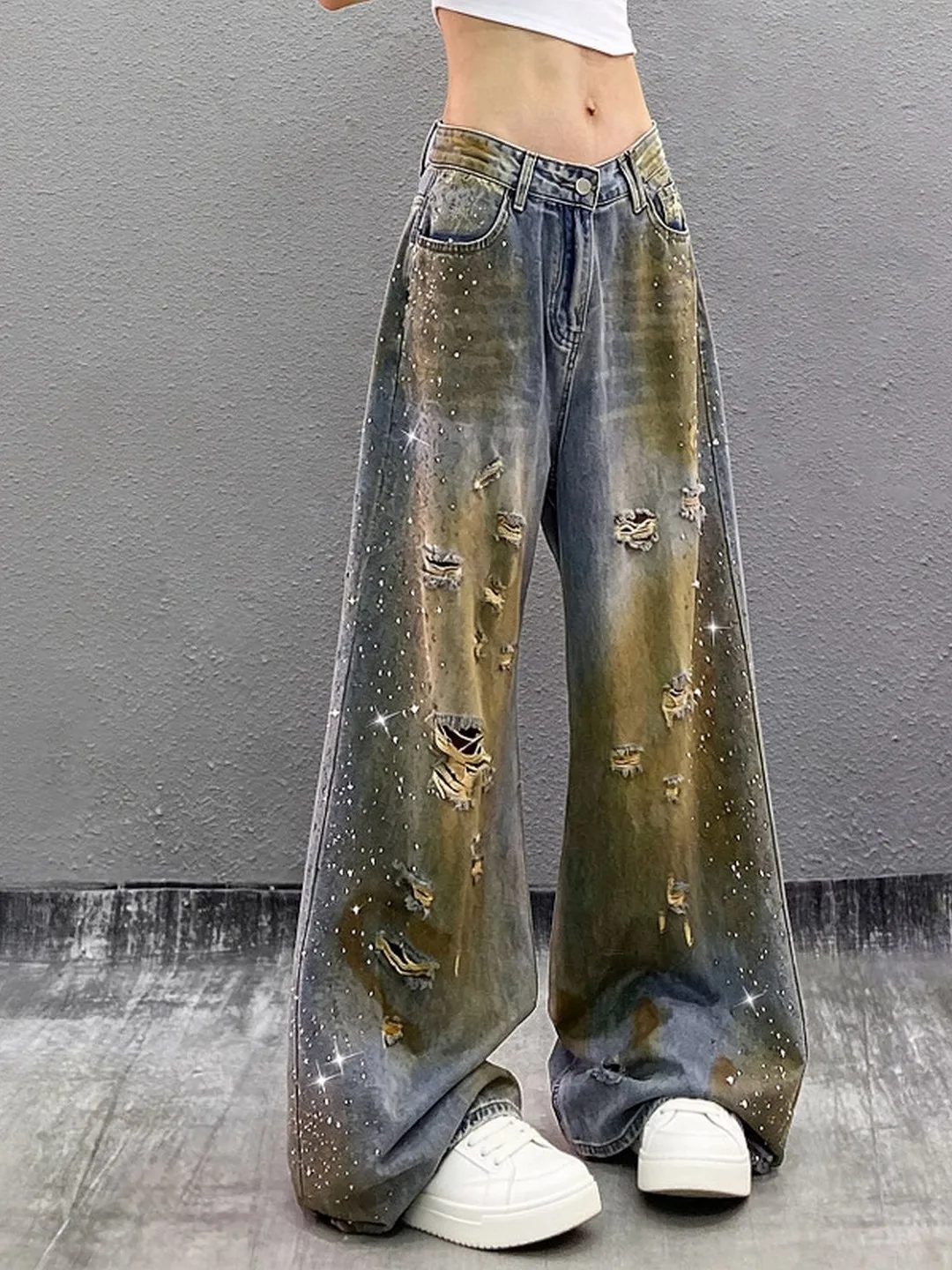 

Retro American High Street Weathered Yellow Mud Stained Hole Denim Pants Wide Leg Floor Length Trousers Summer New Arrival
