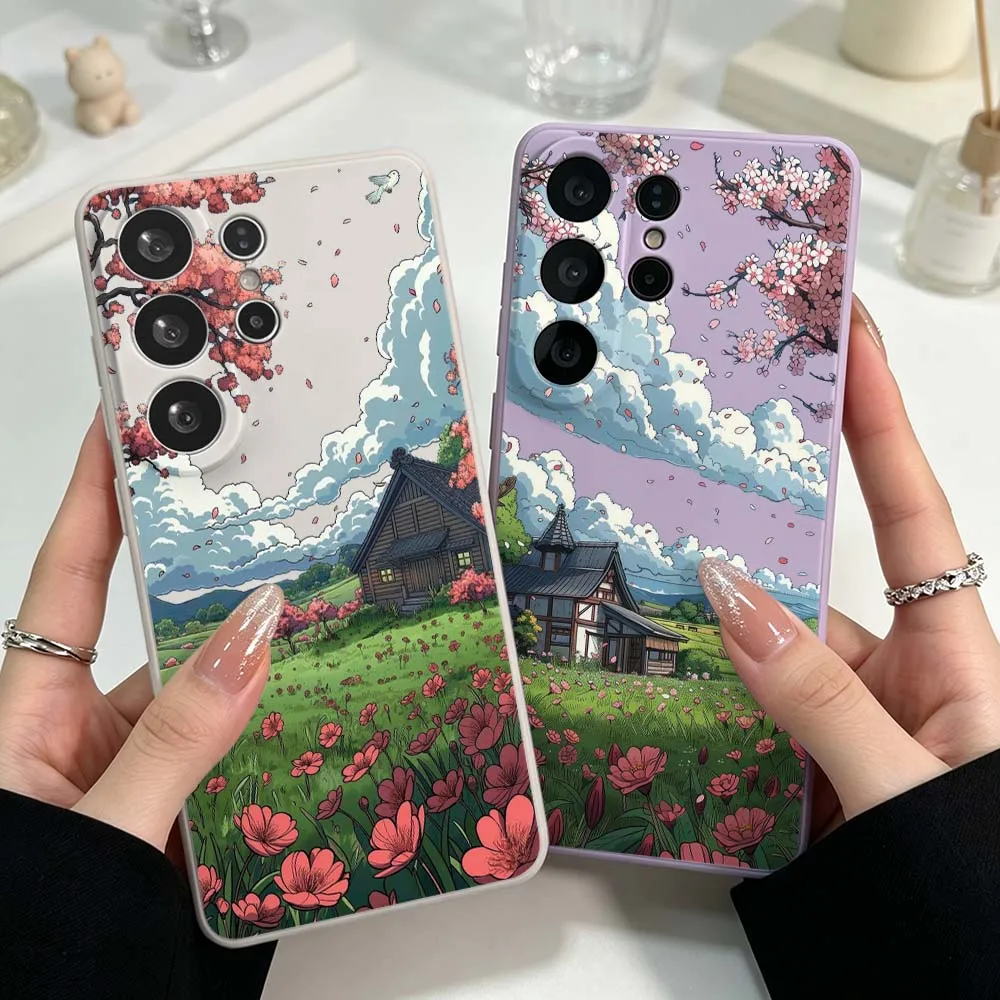 Flower House Landscape Pattern Cover For Samsung Galaxy S26 S25 S24 S23 S22 S21 Ultra Plus FE Soft Silicone Liquid Phone Case
