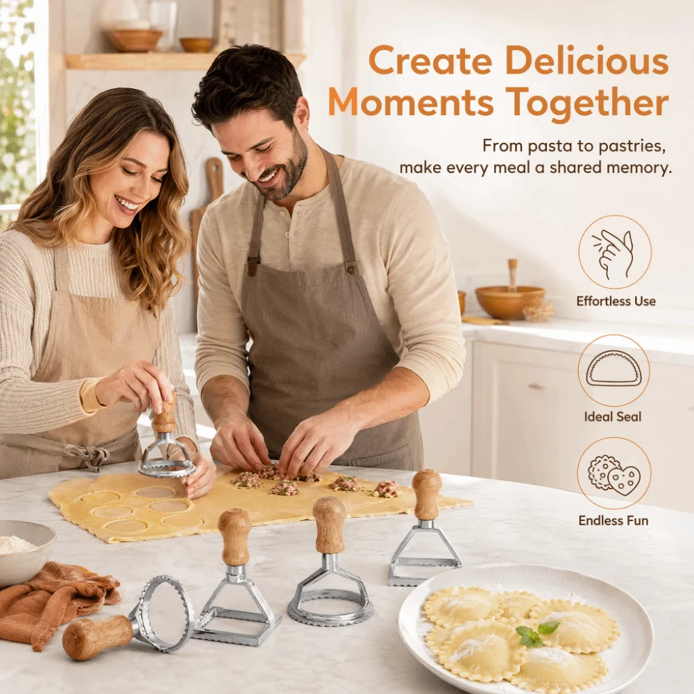 7PCS Individual Upright Ravioli Cutter Set Solid Wood Aluminum Dumplings Molds Fluted Edge Pastry Stamp Press Baking Decoration