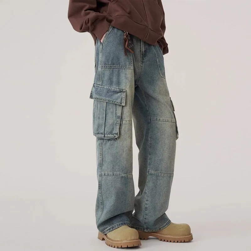 

Spring Autumn Loose Jeans Men Denim Pants Straight Pocket Baggy Casual Streetwear Hip Hop Brand Blue Wide Leg Cargo Trousers